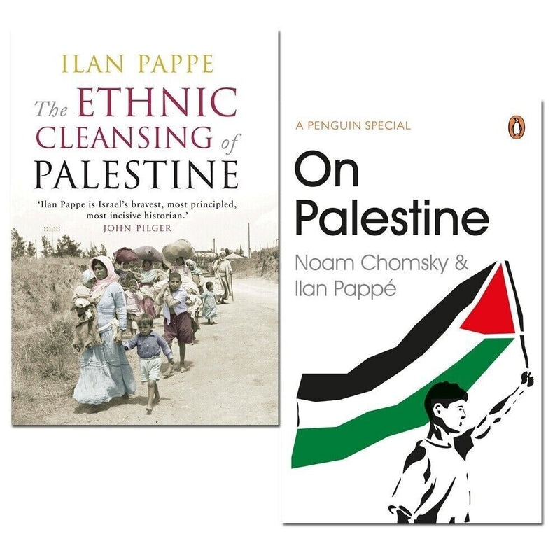 Two books from the Ilan Pappe Collection on Palestine, authored by Noam Chomsky and Ilan Pappe, with book covers visible.