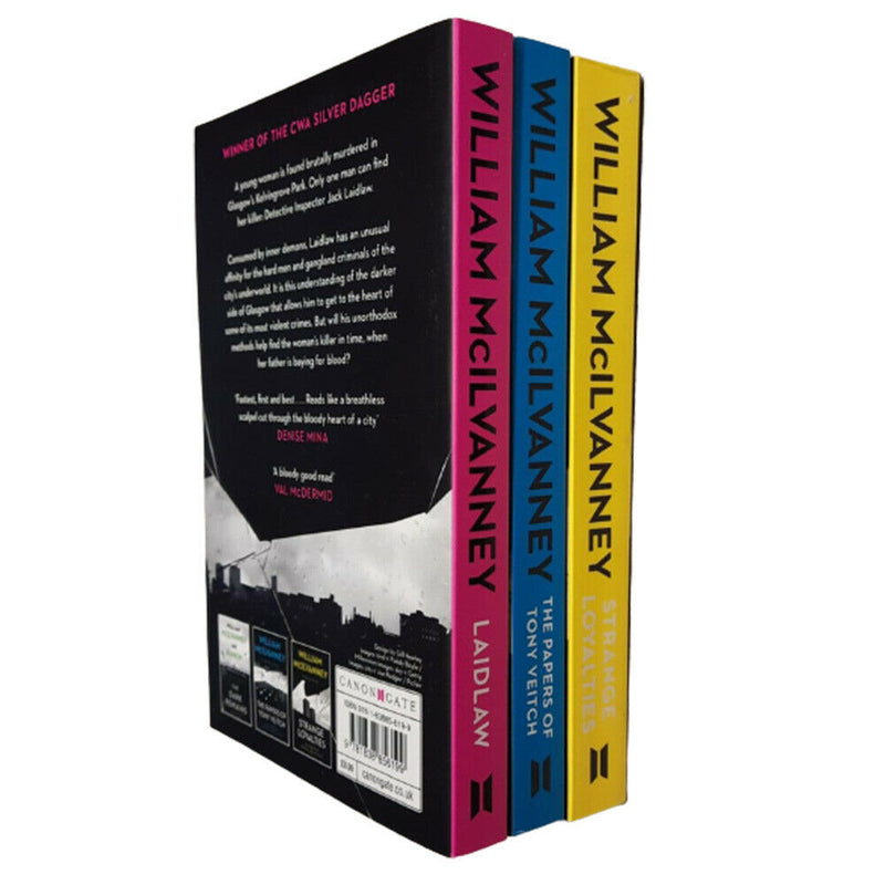 Laidlaw Trilogy book collection by William McIlvanney, three paperback fiction novels in Canongate Books box set, featuring colorful cover art.