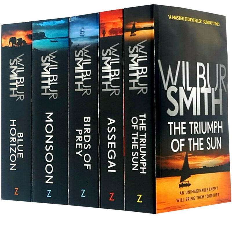 Wilbur Smith Courtney Family Novels Series 9-13 Zaffre collection set, featuring Bird of Prey, Monsoon, Blue Horizon, and more.
