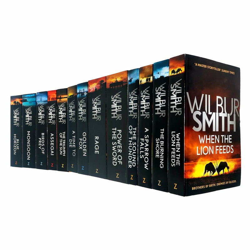 Wilbur Smith Courtney Series 1-13 book collection set by Zaffre, featuring colorful covers of adventure novels in a display arrangement.