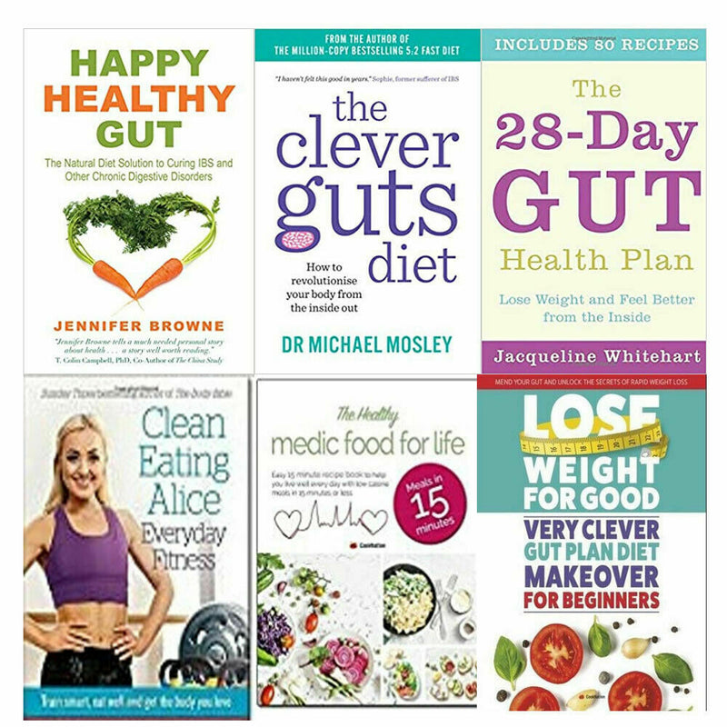 Collection of six paperback books on gut health and diet, featuring titles from Happy Healthy Gut and The Clever Guts Diet series.