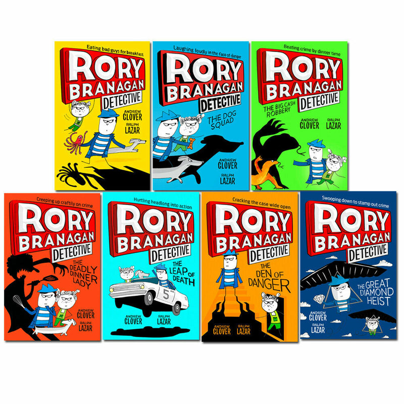 Set of seven Rory Branagan Detective Series books by Andrew Clover, featuring colorful covers and Detective Rory on the spines.