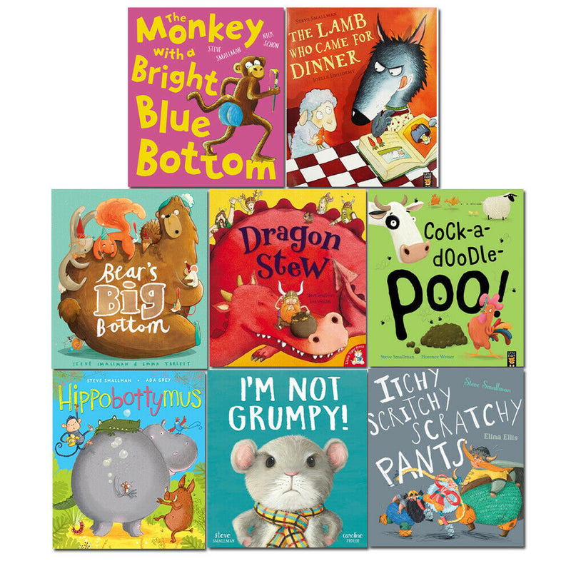 Collection of four Steve Smallman children's books including The Monkey with a Bright Blue Bottom and Hippobottymus by Little Tiger Press