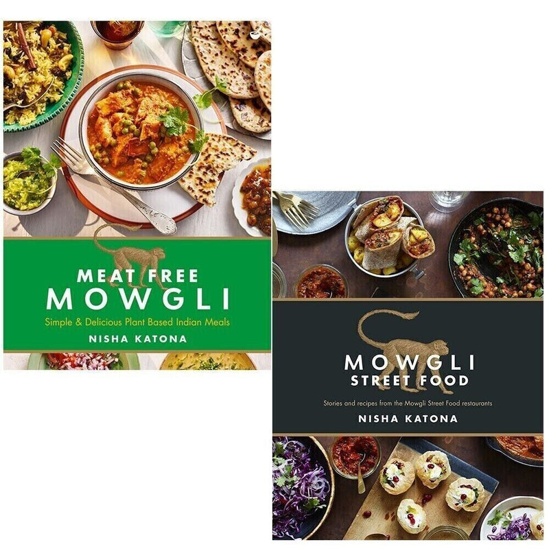 Nisha Katona Nourish Books collection set featuring Meat Free Mowgli and Mowgli Street Food cookbooks with colorful covers.