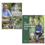 Two hardcover gardening books by Adam Frost, "How to Create Your Garden" and "Creative Gardening," with colorful garden illustrations.