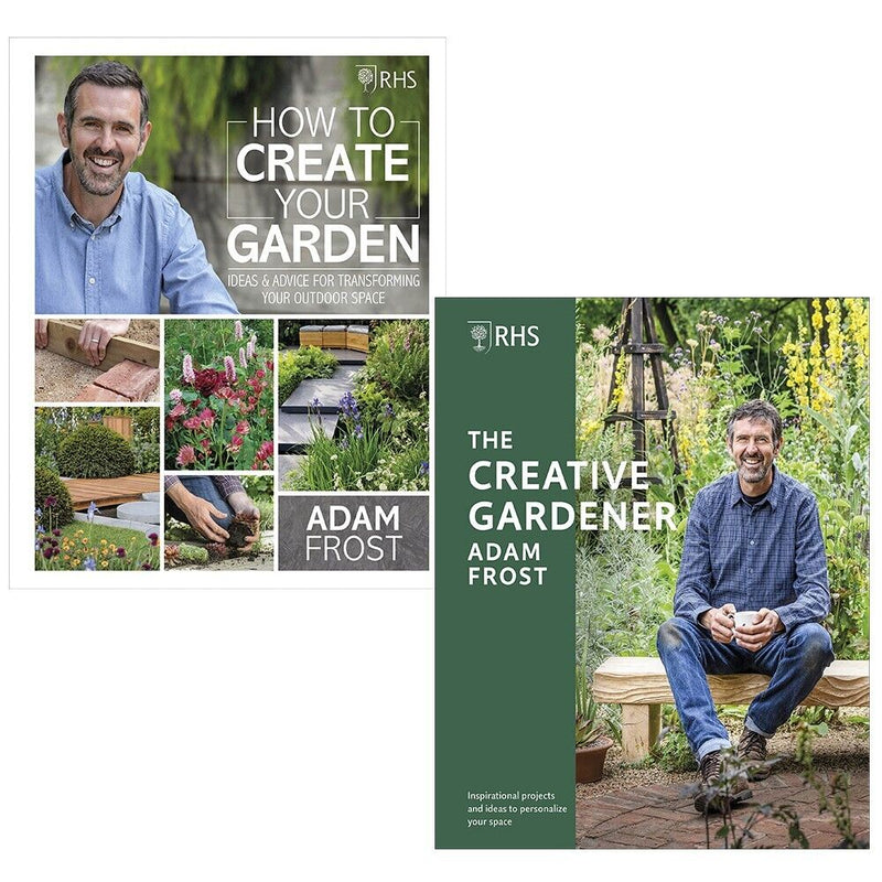Two hardcover gardening books by Adam Frost, "How to Create Your Garden" and "Creative Gardening," with colorful garden illustrations.