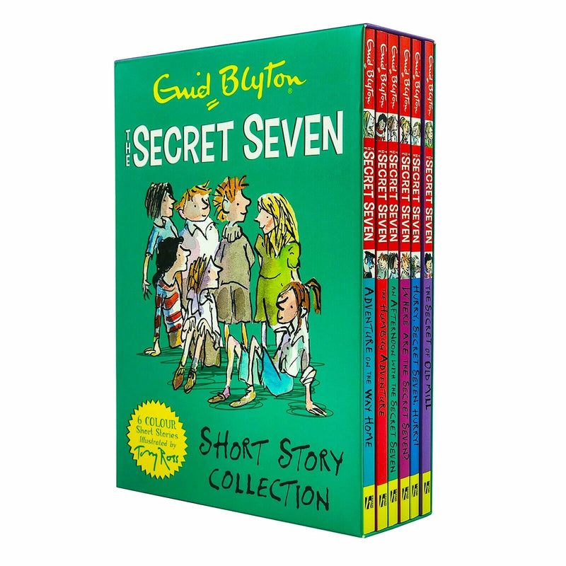 Six-book box set of Enid Blyton's The Secret Seven short stories by Hodder & Stoughton, featuring colorful covers and adventure themes.