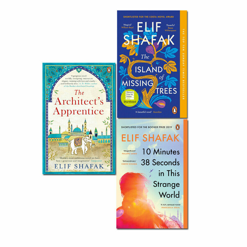 Set of three Penguin Books from the Elif Shafak Collection including Island of Missing Trees and Architect's Apprentice, with colorful cover art.