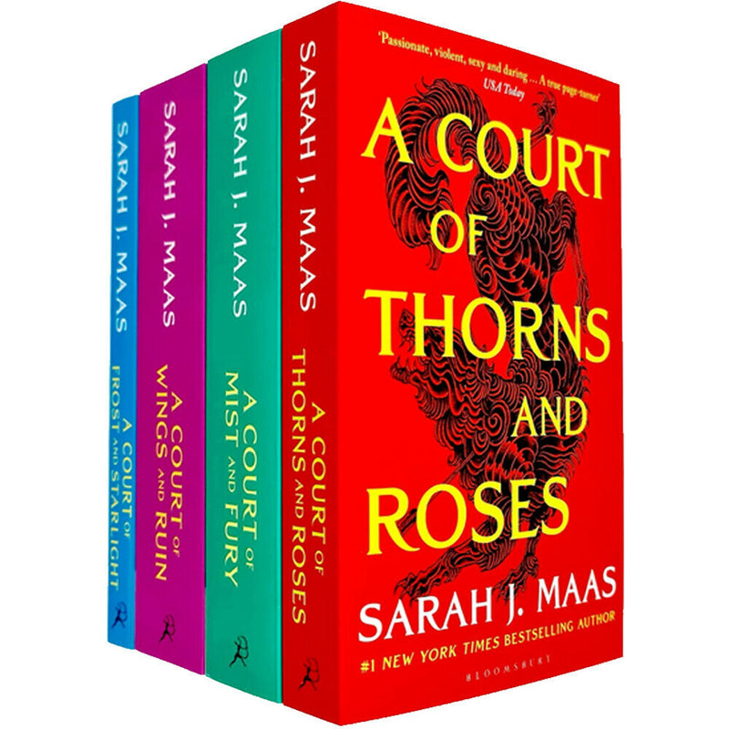 A set of four paperback fantasy books from the "A Court of Thorns and Roses" series by Sarah J. Maas, published by Bloomsbury.