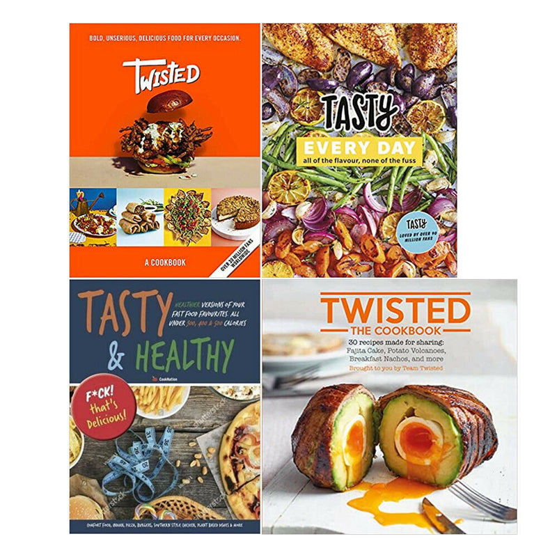 Collection of four non-fiction cookbooks including Twisted, Tasty & Iota, featuring colorful covers and diverse culinary topics.
