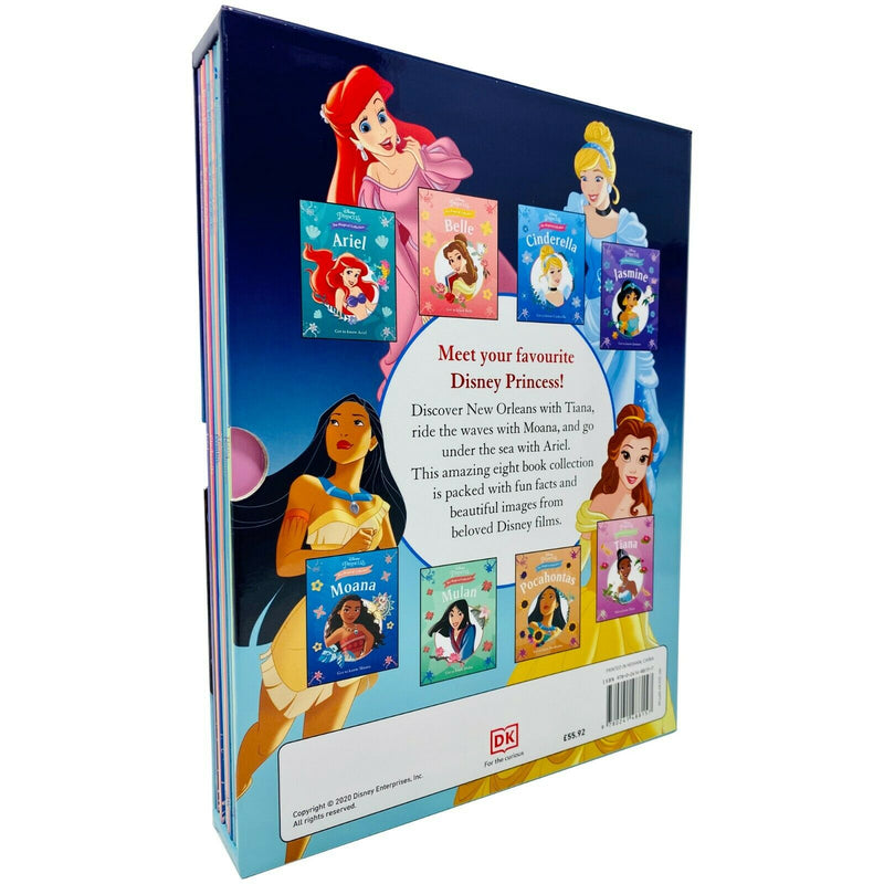 Disney Princess The Magical Collection 8-book box set featuring Moana, Mulan, Pocahontas, Tiana, Ariel, Belle, Cinderella, and Jasmine.