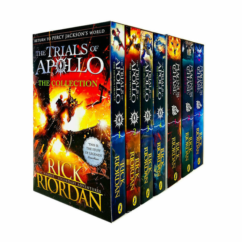 Seven-book collection of Rick Riordan's Trials of Apollo and Magnus Chase series, featuring colorful book covers and spine details.
