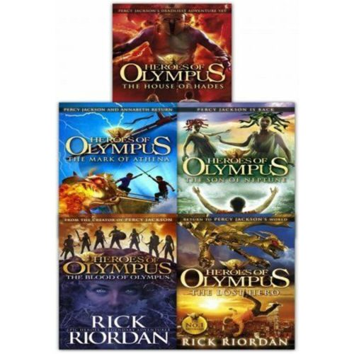 Set of five The Heroes of Olympus paperback books by Rick Riordan, featuring colorful cover art from the Puffin collection.